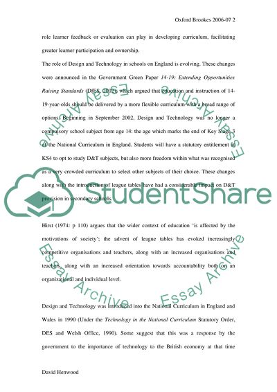 The Role of Design and Technology in Schools of England