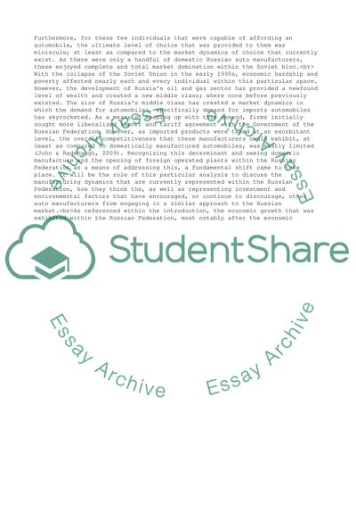 International Business: Foreign Auto Manufacturing within the Russian Federation