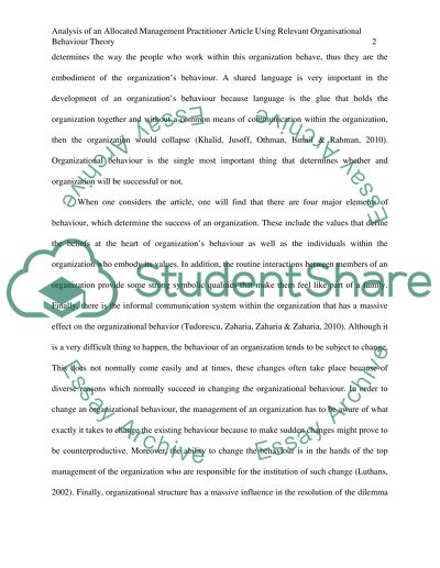 Analysis of an Allocated Management Practitioner Article Using Relevant Organisational Behaviour Theory