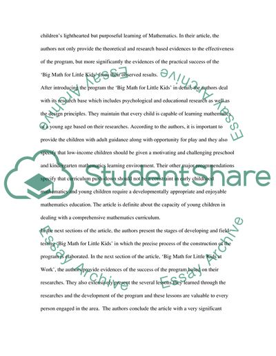 Critique Article - Math for the young child or any math critique article that deals with children