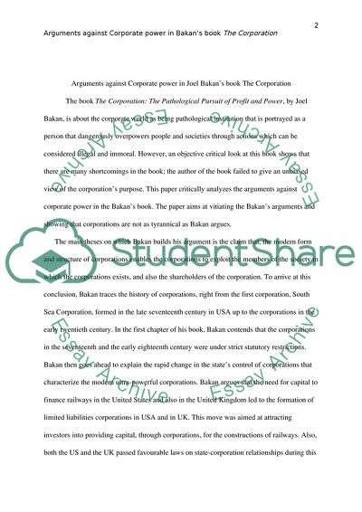 Arguments Against Corporate Power in Joel Bakans Book The Corporation