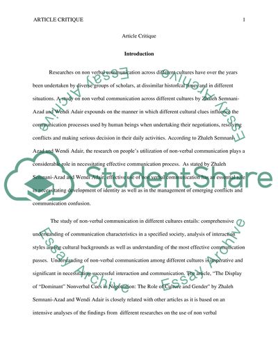 Article Critique: The Display of Dominant Nonverbal Cues in Negotiation by Zhaleh and Wendi