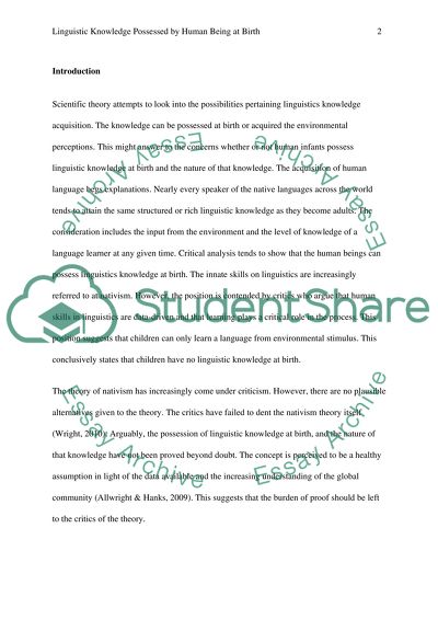 Linguistic Knowledge Possessed by Human Being at Birth. Evidence and Critics