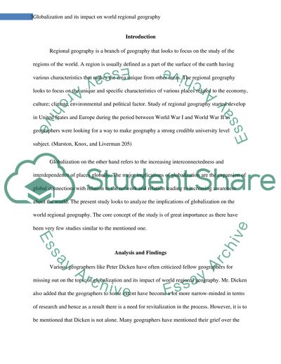 (choice of topics listed below) and its implications for WORLD REGIONAL GEOGRAPHY