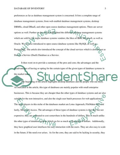 Database Inventory Computer Sciences Research Paper