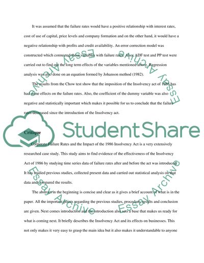 Corporate Failure Rates and the Impact of the 1986 Insolvency Act