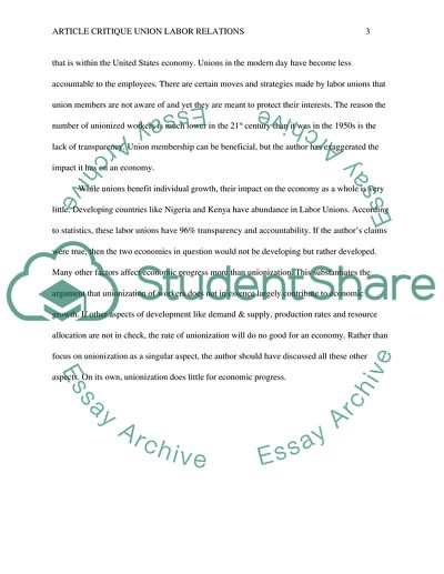 Article Critique Union Labor Relations