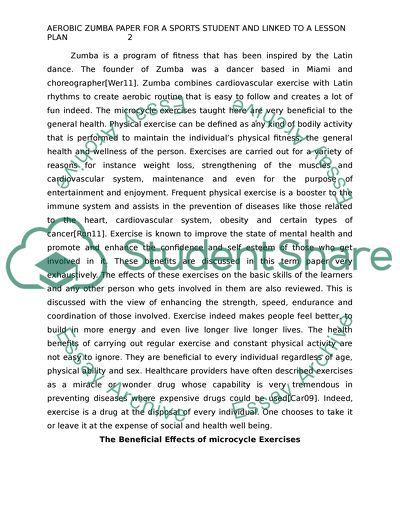 Aerobic Zumba paper for a sports student and linked to a lesson plan