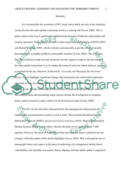 Article Review: Assessing and Managing the Terrorist Threat