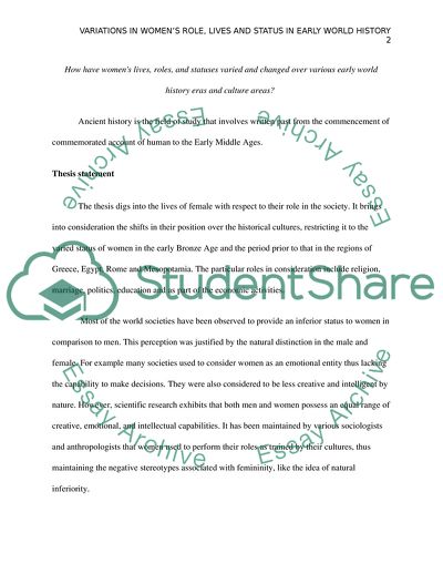 Womens Lives, Roles and Statuses Varied and Changed over Various Early World History Eras and Culture Areas