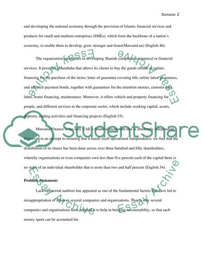 The Lack of an internal audit department in a company called Mawarid Islamic finance in the UAE