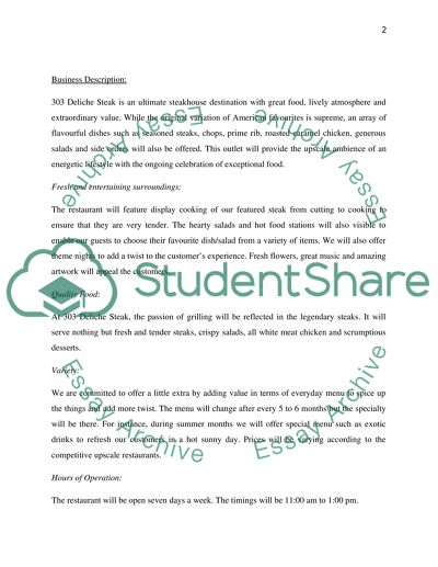 Business Plan of a 303 Deliche Steak Restaurant