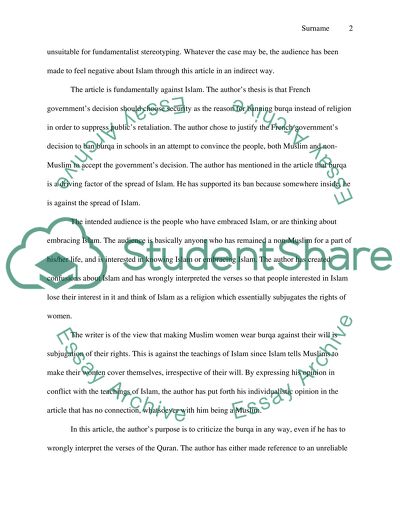 Rhetorical Analysis of the article: Burqa is Banned in France