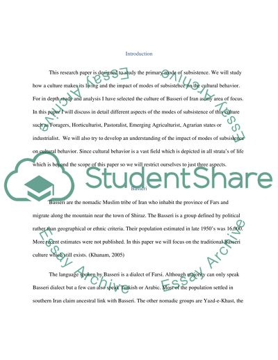 Primary Mode of Subsistence