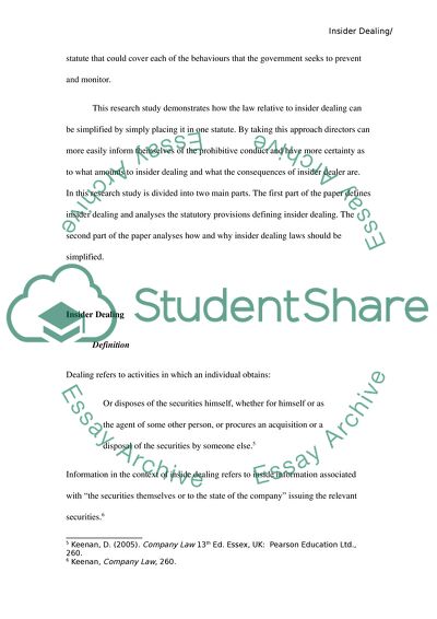 How the Law Relative to Insider Dealing Can Be Simplified by Simply Placing It in One Statute