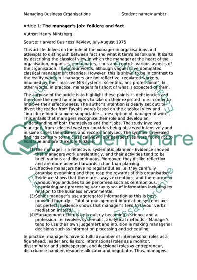 Analysis of Articles about Managing Business Organisations