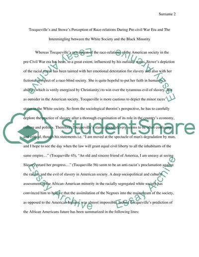Torquevilles and Stowes perception of race-relations furing Pre-civil War Era