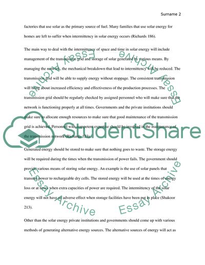 Problems Associated with the Intermittency in Space and Time of Solar Energy Sources