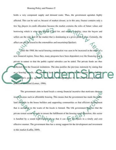 Features of Housing Policy and Finance