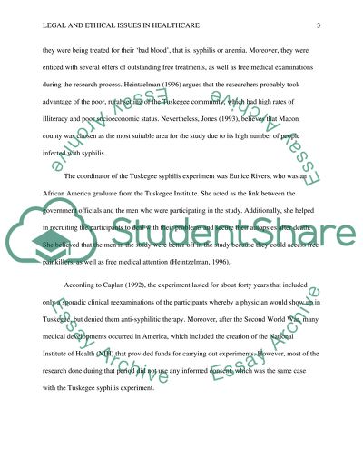The Legal and Ethical Issues in the Tuskegee Syphilis Experiment