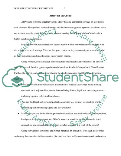 Website content: description of services provided