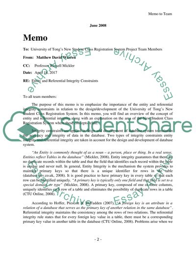 Memo to Team Regarding Entity and Referential Integrity Constraints