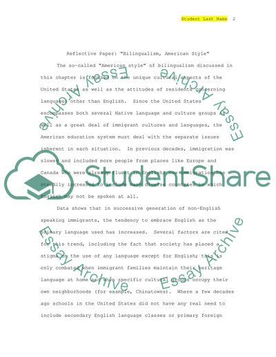 REFLECTION paper on Bilingualism, American Style (will fax chapter)