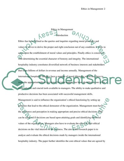 Ethical Decisions Made by Managers inside the International Hospitality Industry