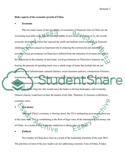 Risky aspects of the economic growth of China