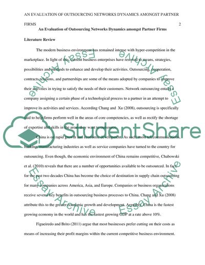 An Evaluation of Outsourcing Networks Dynamics amongst Partner Firms
