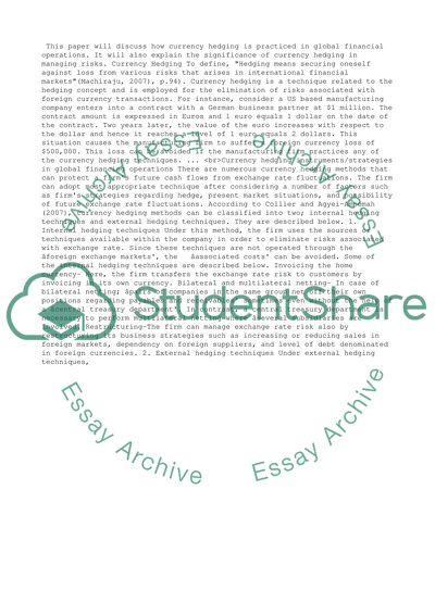 Global financing and exchange rate topics: Corrency hedging
