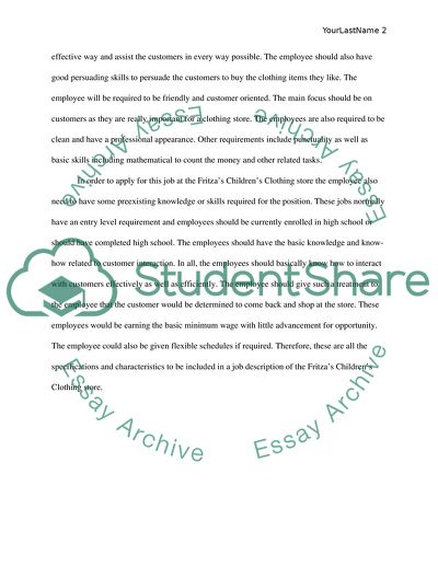 Job Description Posting for Fritzas Childrens Clothing