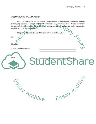 LEVERAGING BUSINESS THROUGH CULTURAL COMPETENCY AND DIVERSITY IN THE GLOBAL ECONOMY