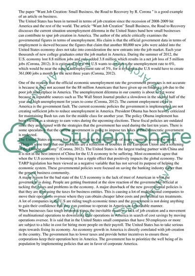 Want Job Creation: Small Business, the Road to Recovery