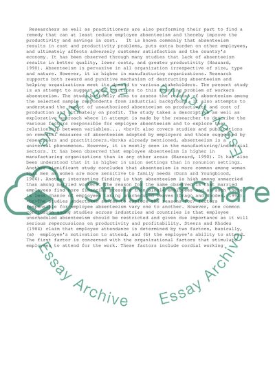 Absenteeism within the Work Place