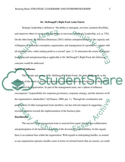 Strategic Leadership and Entrepreneurship for Dr. McDougalls Right Food Asian Entres