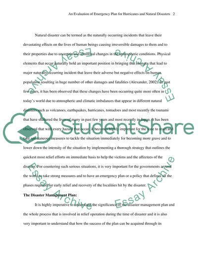 An Evaluation of Emergency Plan for Hurricanes and Natural Disasters