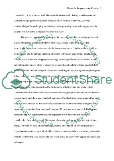 Metabolic Responses and Exercise