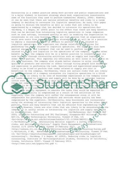 Supply Chain Management and Outsourcing