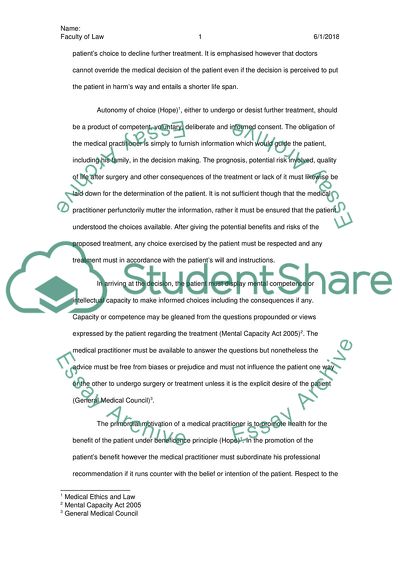 The Right of a Patient to Choose over the Obligation of the Medical Practitioner to Respect Their Wishes