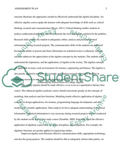 Assessment Plan on College Algebra