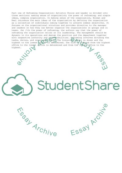 Reframing Organization: Artistry Choice and Leader