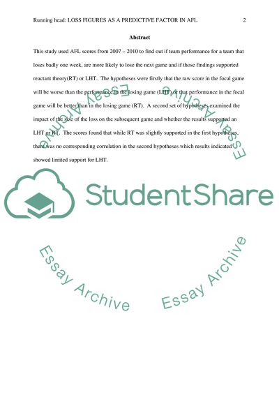 Impact of loss figures and their predictive factor for future AFL games based on reactance theory (RT)