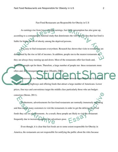 Fast Food Restaurants are Responsible for Obesity in U.S