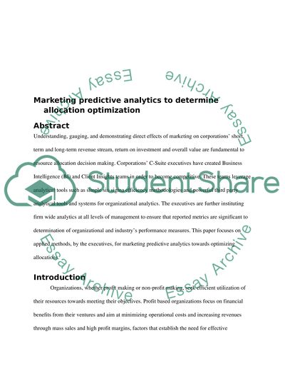 Running head: MARKETING PREDICTIVE ANALYTICS TO DETERMINE ALLOCATION OPTIMIZATION