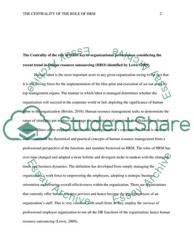 The Centrality of the Role of Human Resource Management Key to Organizational Performance