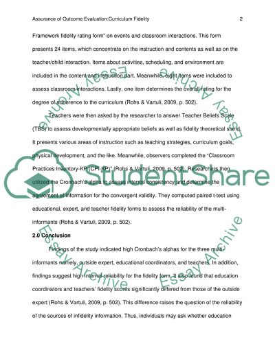 Summary and analysis of assurance of outcome evaluation:Curriculum Fidelity