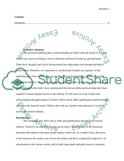 Personal Marketing Plan Submitted in Fulfillment of the Requirements for Hospitality