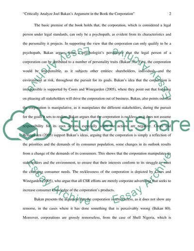 Critically analyze Joel Bakans argument in the book The Corporation