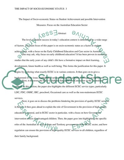 The Impact of Socio-economic Status on Student Achievement and possible Intervention. Focus Australian education